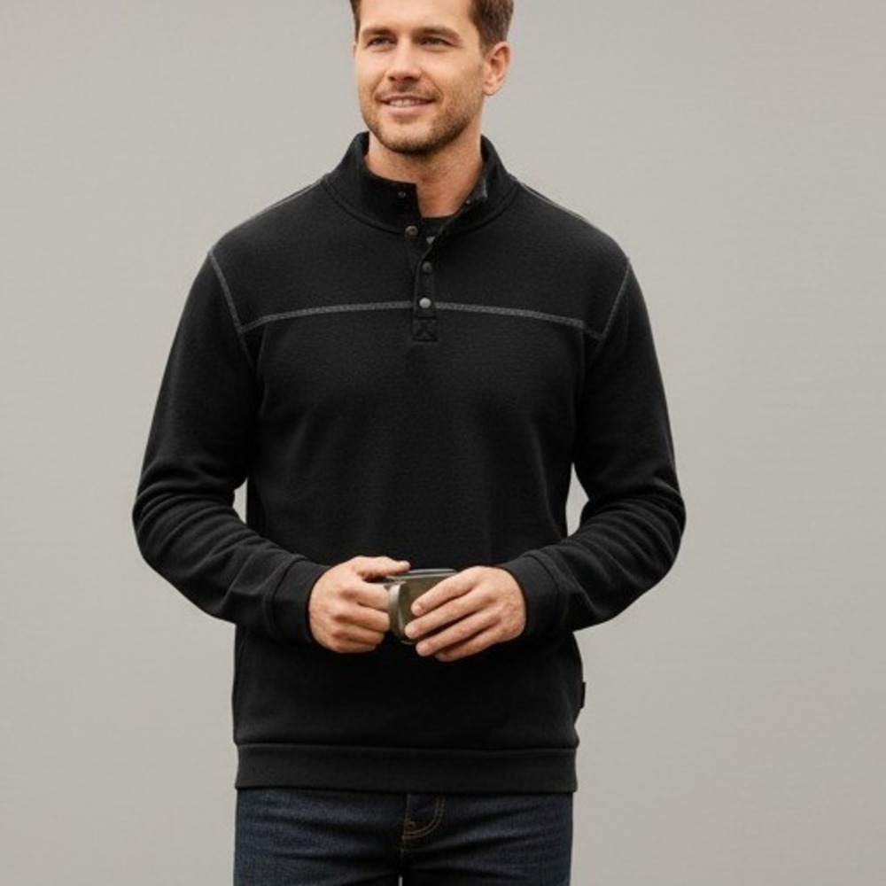 ROWM Men's Black High Collar Snap Henley Pullover Knit Sweater L Long Sleeve